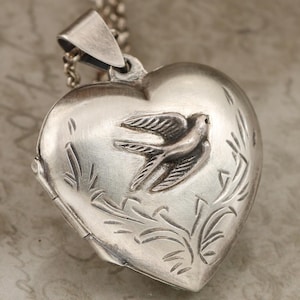 Heart Locket, Compass Necklace, Bird Locket Necklace, Sterling Silver Jewelry, Swallow Necklace, Heart Gifts For Women, Cottagecore Jewelry