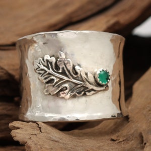Sterling Silver Wide Band Rings For Women, Oak Leaf Ring Sterling, Thumb Ring, Nature Lover Gift, Personalized Stone, Leaf Ring Men