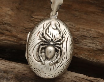 Sterling Silver Photo Locket, Spider Necklace, Working Compass, Spider Lover, Silver Locket Pendant, Locket For Men, Whimsigoth Jewelry