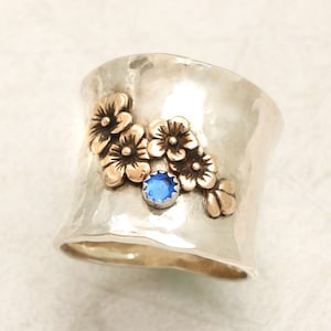 Cherry Blossom Ring, Wide Silver Ring, Botanical Jewelry, Silver Flower Ring, Handmade Jewelry, Birth Month Flower, Personalized Stone