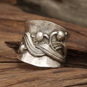 Lily Of The Valley Ring, Sterling Silver Lily Of The Valley Ring, Handmade Jewelry, Nature Lover Gift, Thumb Ring, Wide Band Silver Ring