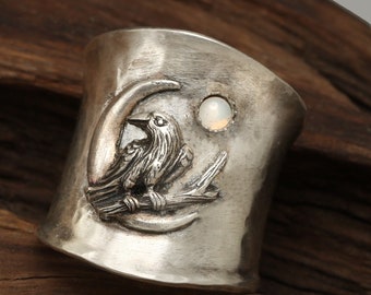 Bague corbeau homme, bague de pouce, bijoux fantaisie, bagues païennes pour femme, pierre personnalisée, cadeaux sorcière pour elle, corbeau, argent sterling