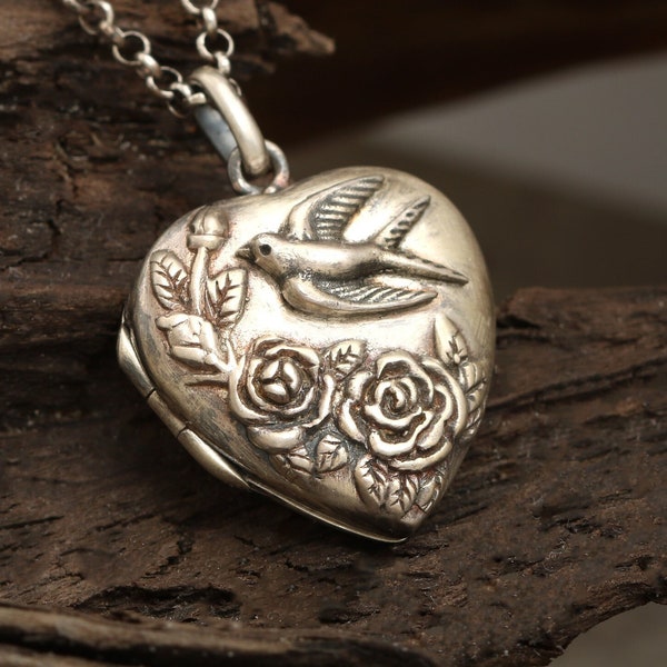 Heart Locket, June Birth Flower Necklace, Sterling Silver, Photo Locket, Rose Locket, Victorian Style Jewelry, Cottagecore Jewelry, Swallow