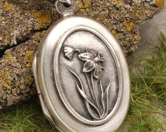 Narzissen-Medaillon, Geburtsblume März, März-Blumenanhänger, Medaillon aus Sterlingsilber, Geburtsmonatsblume, Foto-Medaillon-Halskette, Blumengeschenk