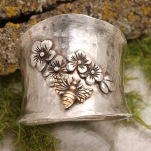 Bee Ring Sterling Silver, Cherry Blossom Ring, Wide Band Ring, Bee Jewelry For Women, Wide Rings For Women, Honey Bee Ring, Bee Rings