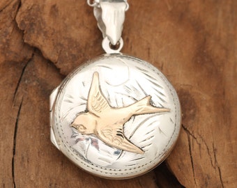 Working Compass Necklace, Sterling Silver Bird Locket, Small Photo Gift, Song Bird, Compass Gift, Victorian Style Jewelry, Nature Lover Gift