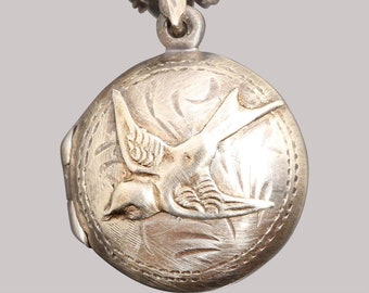 Médaillon en argent sterling, collier oiseau en argent, collier boussole de travail, médaillon photo, médaillon oiseau, cadeau pour amoureux des oiseaux, boussole de navigation