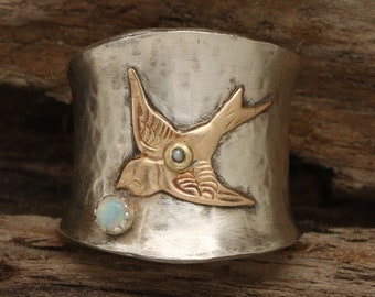 Natural Stone Ring, Healing Stone Ring, Sterling Silver Wide Band Ring, Silver And Gold Ring, Nature Lover Gift For Women