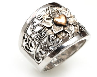 Bagues larges pour femmes, coeur fleur fête des mères, coeur fleur, bague fleur en argent, bague botanique, cadeau fleur pour maman, argent sterling