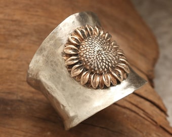 Sterling Silver Sunflower Ring, Sunflower Wide Band Ring, Handmade Jewelry, Sunflower Jewelry For Women, Flower Ring Men, Thumb Ring