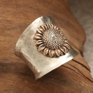 Sterling Silver Sunflower Ring, Sunflower Wide Band Ring, Handmade Jewelry, Sunflower Jewelry For Women, Flower Ring Men, Thumb Ring