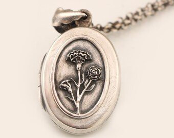 Collier de médaillon en argent, fleur du mois de naissance, collier de fleurs de naissance de janvier, pendentif œillet, fleur de naissance pour maman, bijoux faits à la main