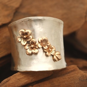 Sterling Silver Wide Band Ring For Women, Cherry Blossom Ring, Botanical Jewelry, Thumb Ring, Handmade Jewelry