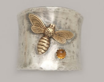 Bee Ring, Sterling Silver, Topaz Ring, Bee Gifts For Women, Save The Bees, Honey Bee Jewelry, Beekeeper, November Birthstone, Wide Band