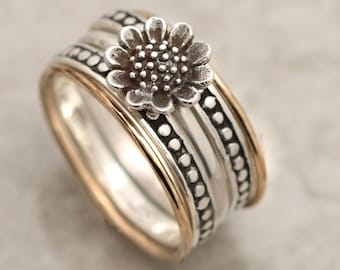 Sunflower Ring, Stackable Ring Set Sterling Silver, Sunflower Gifts For Mom, Silver Flower Ring, Sunflower Jewelry, Flower Gift For Women