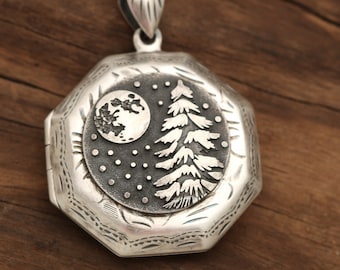 Sterling Silver Photo Locket Necklace, Sterling Silver Pine Tree, Moon Locket, Compass Locket Necklace, Unique Gifts For Women, Never Lost