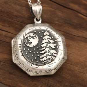 Sterling Silver Photo Locket Necklace, Sterling Silver Pine Tree, Moon Locket, Compass Locket Necklace, Unique Gifts For Women, Never Lost