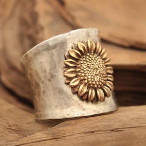 Sterling Silver Sunflower Ring, Sunflower Wide Band Ring, Handmade Jewelry, Sunflower Jewelry For Women, Flower Ring Men, Thumb Ring