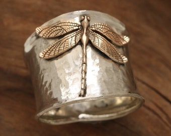 Anel de libélula feminino, anel de prata de lei, faixa larga, anel de polegar, joia de libélula, presente para amantes da natureza