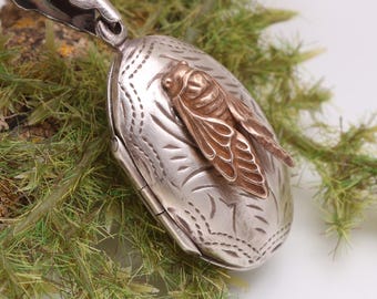 Zikaden-Medaillon-Halskette, Foto-Medaillon-Anhänger aus Sterlingsilber, Insektenschmuck, Käferanhänger, Geschenk für Männer und Frauen