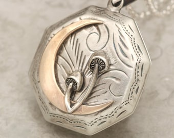 Collana con medaglione fotografico in argento sterling, medaglione di funghi, gioielli bussola, regalo per gli amanti della natura, gioielli unici per le donne, medaglione lunare, fatto a mano
