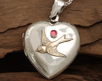 Bird Locket, Heart Locket Necklace, Compass Locket, Sterling Silver Photo Locket, Bird Jewelry For Women, Working Compass Necklace For Her