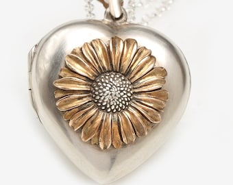 Médaillon coeur, fleur, collier photo en argent sterling, médaillon marguerite, médaillon fleur, bijoux faits main, médaillon boussole, style victorien