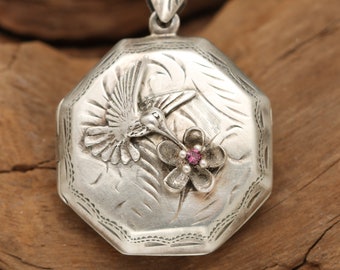 Hummingbird Necklace, Forget Me Not, Compass Locket, Personalize Gift Mom, Hummingbird Locket, Sterling Silver Jewelry, Personalized Stone