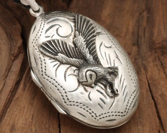 Médaillon hibou, grand collier médaillon, pendentif hibou en argent, hibou en argent sterling, médaillon en argent pour homme, collier hibou, chouette effraie des cloches, bijoux faits main