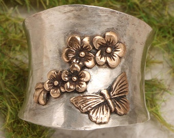 Schmetterlingsring, Kirschblütenring, Schmetterlingsring aus Sterlingsilber, breite Bandring, Blumenring, breite Ringe für Frauen, Sterlingsilberring