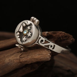 Sterling Silber Poisoner Ring, Mond und Stern Ring, Geburtsstein Ring für Männer, Birthstone Ring Frauen, Poison Ring, Geheimfach Schmuck