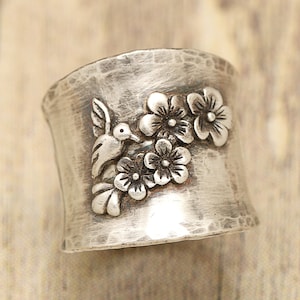 Hummingbird Ring, Sterling Silver Ring, Cherry Blossom, Wide Band Ring For Women, Hammered Ring, Handmade Jewelry, Unique Gifts For Her