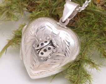 Marienkäfer-Medaillon, Foto-Medaillon für Freund, Sterlingsilber-Herz-Medaillon-Halskette, Herz-Medaillon-Foto, einzigartiger Schmuck, Insekt Schmuck handgemacht