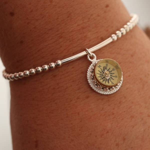 Compass Bracelet Women, Working Compass Bracelet, Sterling Silver Charm Bracelet, Traveler Gifts Women