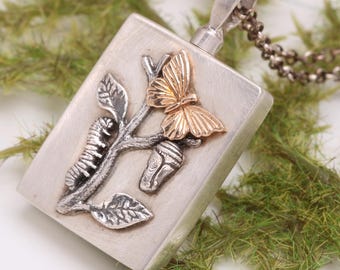 Urnenkette, Schmuck zur Erinnerung an Verstorbene, Urnenkette für menschliche Asche, Sterlingsilber, Chrysantheme, Raupe, Schmetterling, Gedenkurne