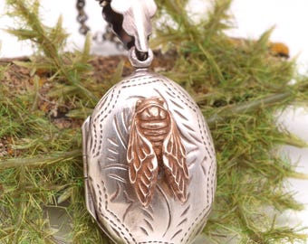 Zikaden-Medaillon-Halskette, Sterlingsilber-Medaillon mit funktionierendem Kompass, Insektenschmuck im Jugendstil, Käferanhänger, Geschenk für Damen und Herren