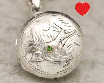 Sterling Silver Locket Necklace, Working Compass, Photo Locket Pendant, Personalized Gift For Her, Bird Locket, Swallow Jewelry, Birdwatcher