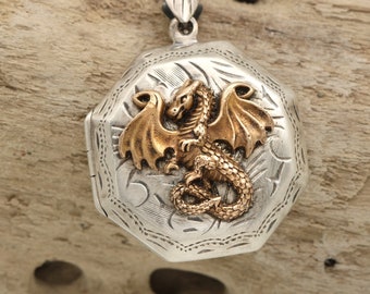 Dragon Necklace For Men, Dragon Locket, Unique Jewelry For Women, Compass Pendant Silver, Photo Locket Necklace, Handmade Jewelry