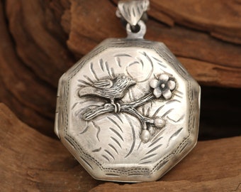 Sterling Silver Locket, Bird Necklace, Handmade Jewelry, Bird Watching Gift, Bird Gifts For Women, Flower Locket Necklace, Unique Jewelry