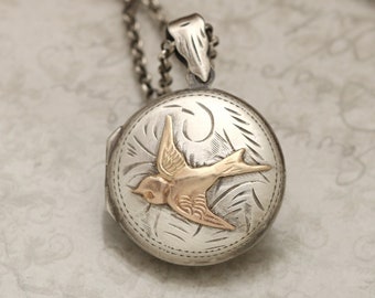 Working Compass Necklace, Sterling Silver Bird Locket, Compass Gifts For Her, Small Photo Gift, Song Bird, Victorian Style Jewelry