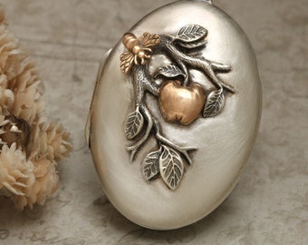 Collier médaillon en argent, collier pomme, branche de pommier, médaillon boussole, médaillon abeille, bijoux boussole, bijoux uniques pour femme