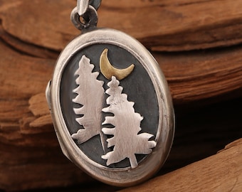 Sterling Silver Photo Locket, Pine Tree Necklace, Crescent Moon Pendant, Everyday Locket For Men, Pine Tree Lockets For Women