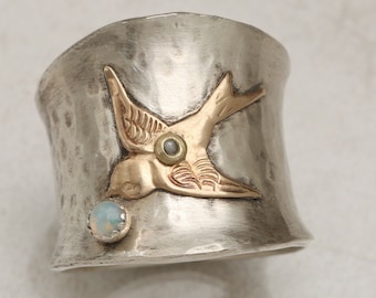 Gold Bird Ring, Wide Band, Sterling Silver Opal Ring, October Birthstone, Natural Stone, Bird Ring For Woman Unique, Bird Gifts For Mom