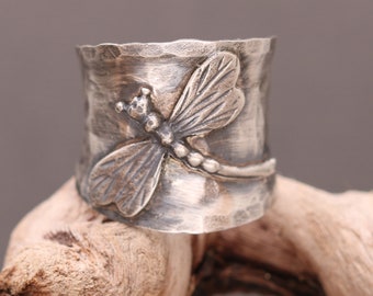 Sterling Silver Dragonfly Ring, Wide Silver Ring, Boho Rings For Women, Nature Jewelry, Thumb Rings For Women Sterling Silver