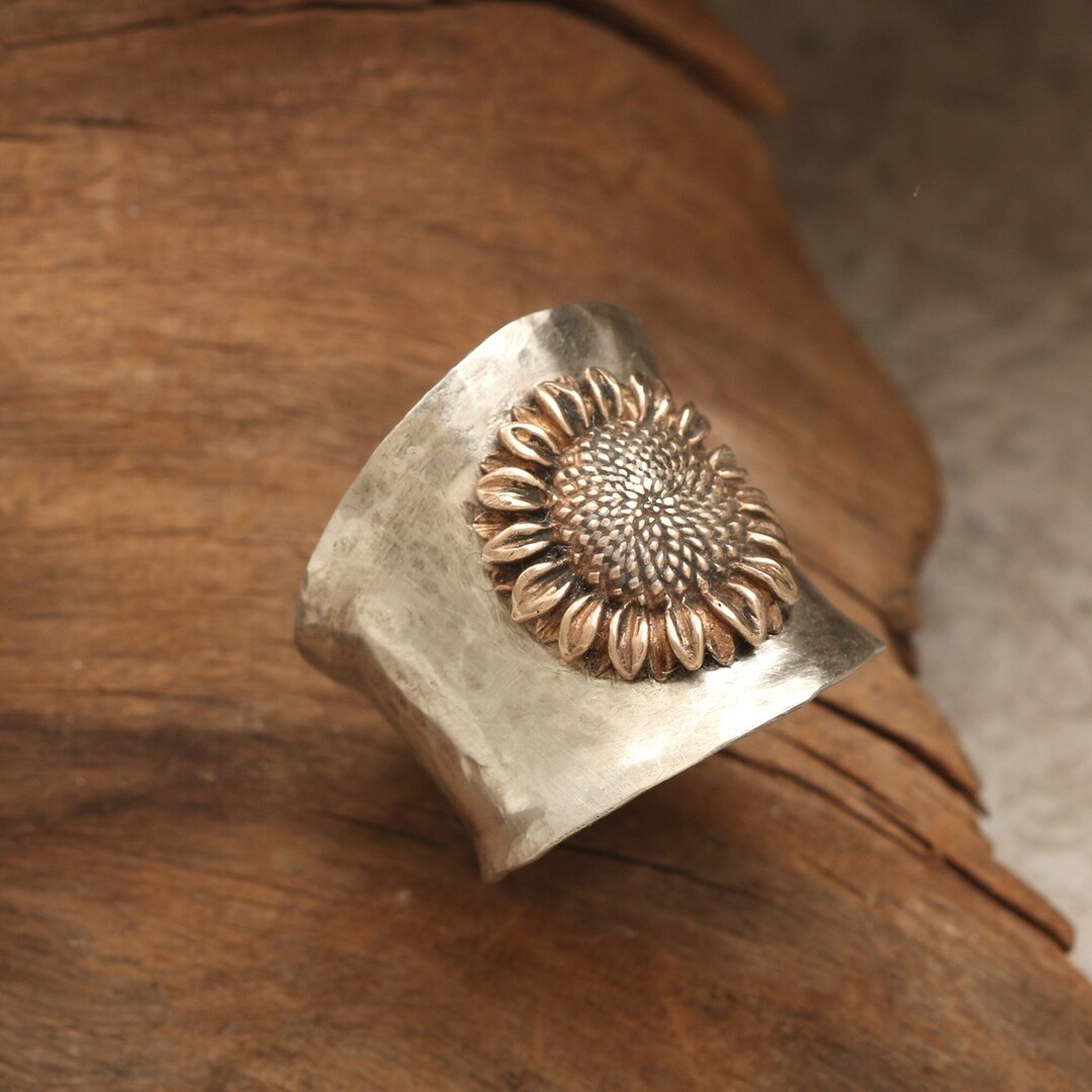 Sterling Silver Sunflower Ring, Sunflower Wide Band Ring, Handmade ...