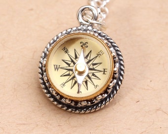 Collana in argento sterling anticato con bussola funzionante, regalo per escursioni per uomini, vero nord, gioielli da viaggio, regalo di laurea per donne