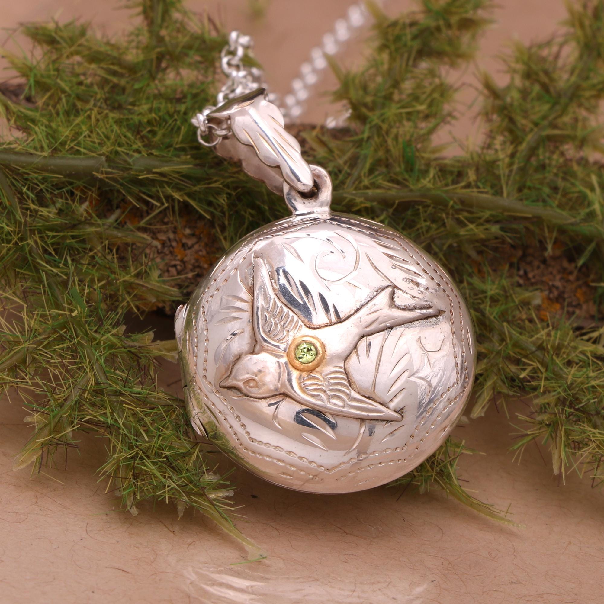 Sterling Silver Locket Necklace, Working Compass, Photo Locket Pendant, Personalized Gift, Bird Locket, Swallow Jewelry, Birthstone Necklace