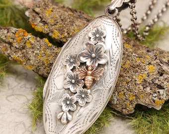 Blumen Medaillon, Medaillon Halskette für Fotos, Medaillon Sterling Silber, Honig Biene Halskette, Kompass Halskette, Bienen Schmuck, Kirschblüte