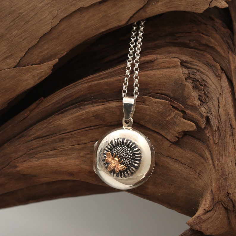 Sunflower Bee Necklace Sterling Silver Honey Bee Locket Etsy