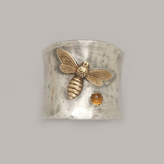 Bee Ring, Sterling Silver, Topaz Ring, Bee Gifts For Women, Save The Bees, Honey Bee Jewelry, Beekeeper, November Birthstone, Wide Band